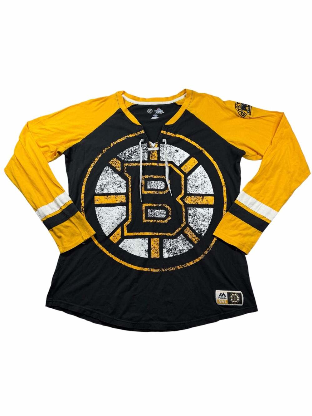 Boston Bruins Majestic The Lace Up Raglan Long Sleeve Shirt Womens 2XL NHL